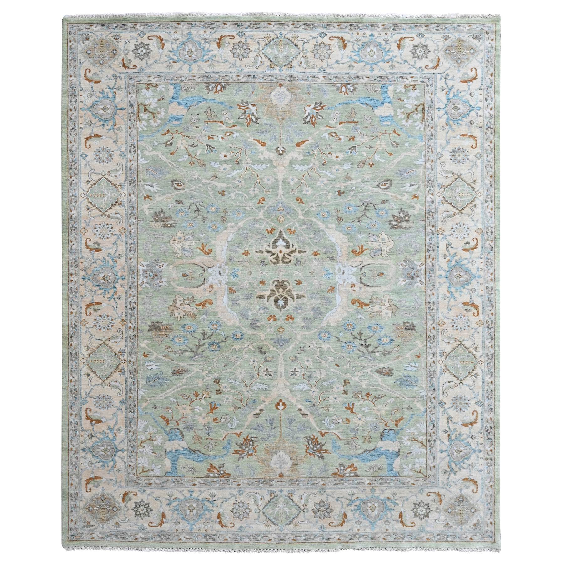 9'2"x11'10" Pistachio Green, Oushak with Floral Motifs, Hand Knotted, Pure Wool, Soft Pile, Denser Weave, Oriental Rug 